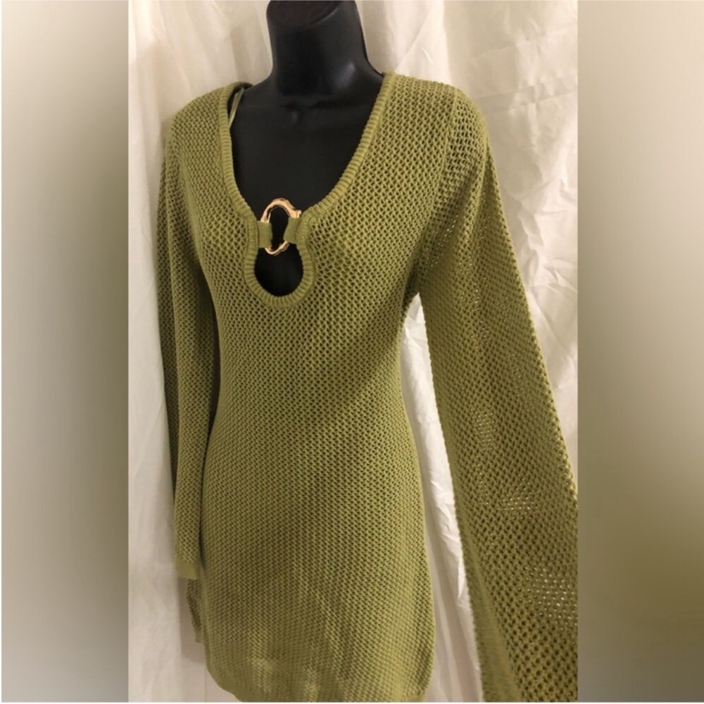 Olive green crochet mesh style bell sleeve crochet dress gold cuff size large
